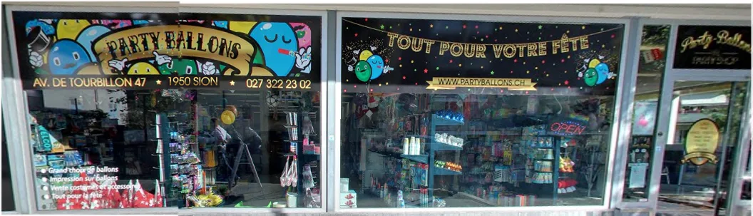 La vitrine du magasin Party-Ballons, avenue de Tourbillon à Sion